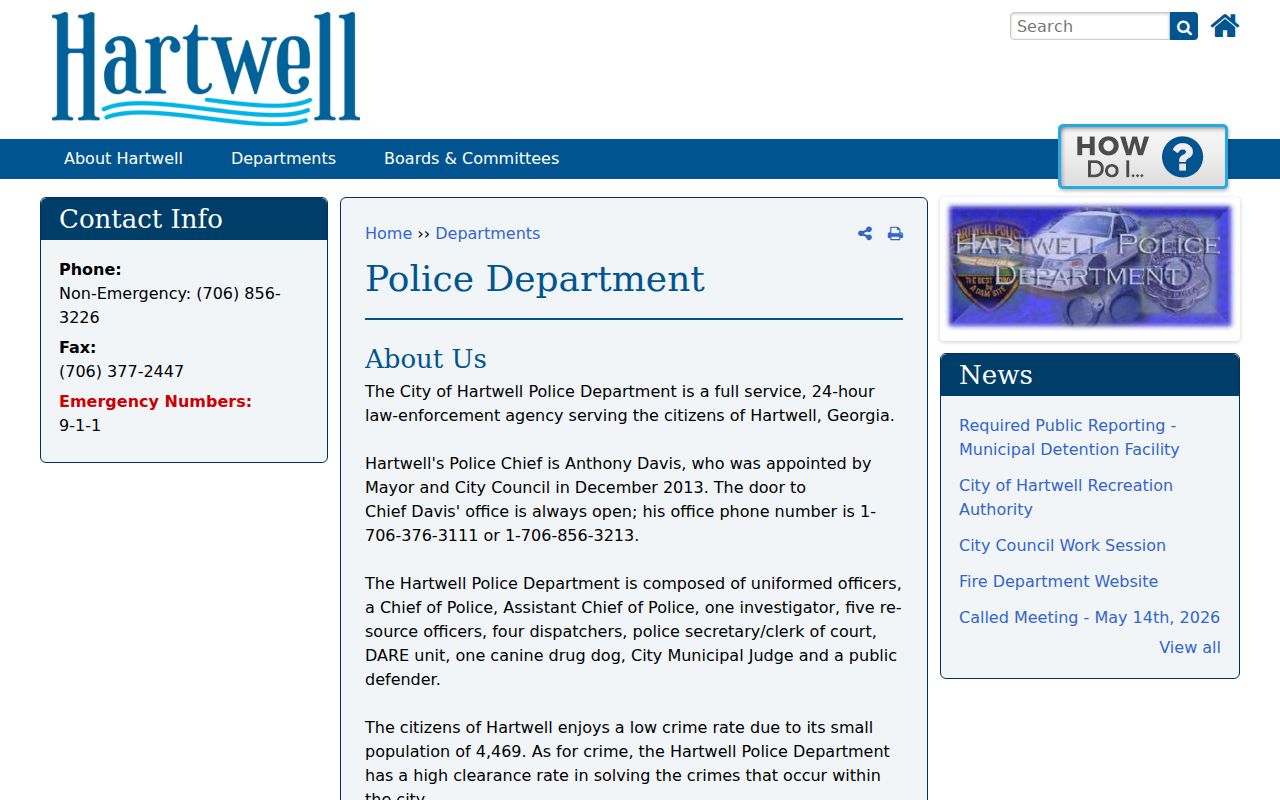Hartwell Police Department official contact and city court information